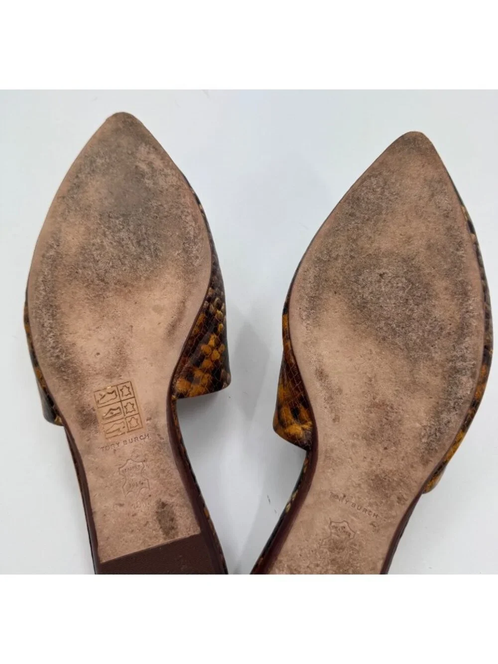 Tory Burch Eleanor Python-Print Leather Mules Gold Logo Size 10M Womens